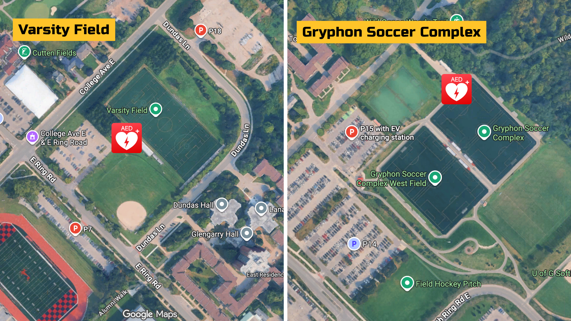 Map depicting two locations: Varsity Field and Gryphon Soccer Complex. Varsity Field includes a baseball diamond and nearby buildings like Gregory Hall. Gryphon Soccer Complex features multiple soccer fields and a field hockey pitch. Both locations show emergency AED icons.