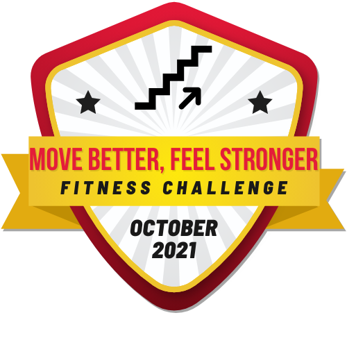 "Move better, Feel stronger Fitness challenge" written on silver plaque graphic