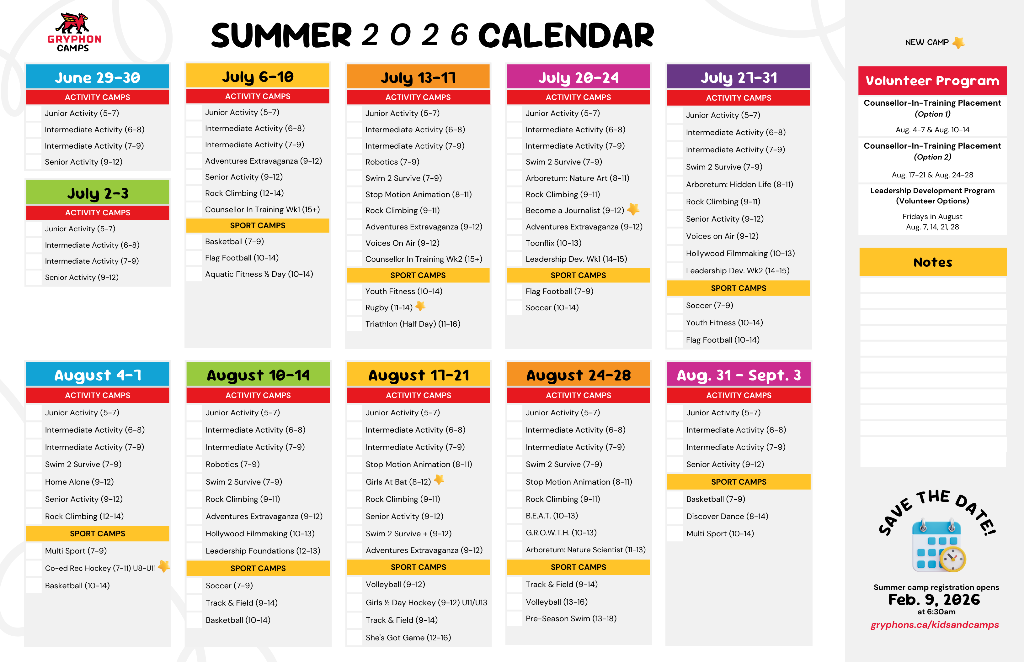 Summer 2026 Camp Calendar